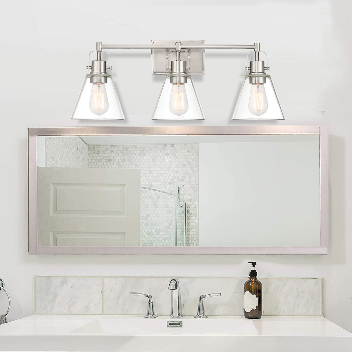 25.4 in. 3-Light Vanity Light with Brushed Nickel Finish and Clear Glass Shade