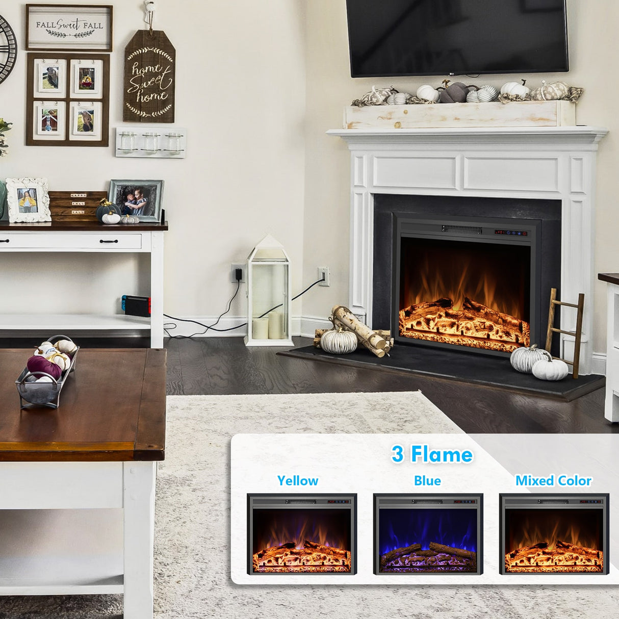 25" Electric Fireplace Insert with Multi-Color Flame, 750/1500W, Black