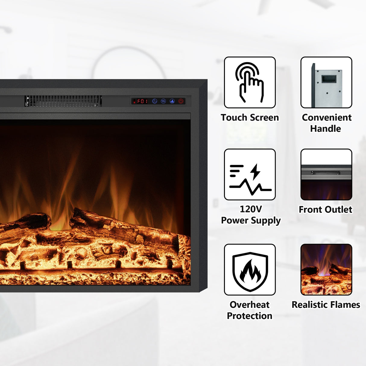 25" Electric Fireplace Insert with Multi-Color Flame, 750/1500W, Black