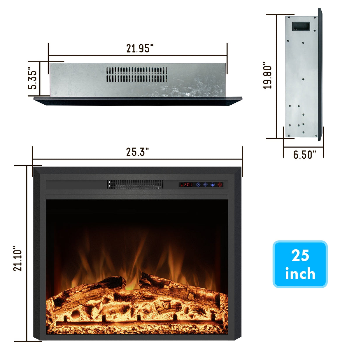 25" Electric Fireplace Insert with Multi-Color Flame, 750/1500W, Black