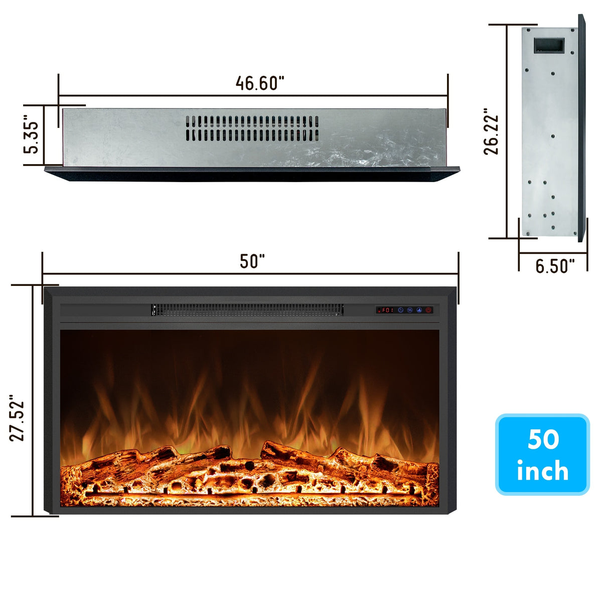 25" Electric Fireplace Insert with Multi-Color Flame, 750/1500W, Black