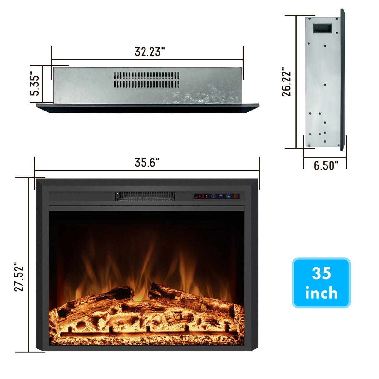 25" Electric Fireplace Insert with Multi-Color Flame, 750/1500W, Black