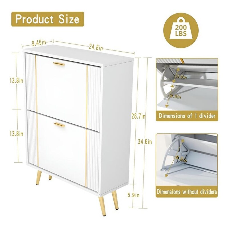 25"W flip over shoe cabinet with gold stripe,2drawers vertical Shoe Storage at the entrance