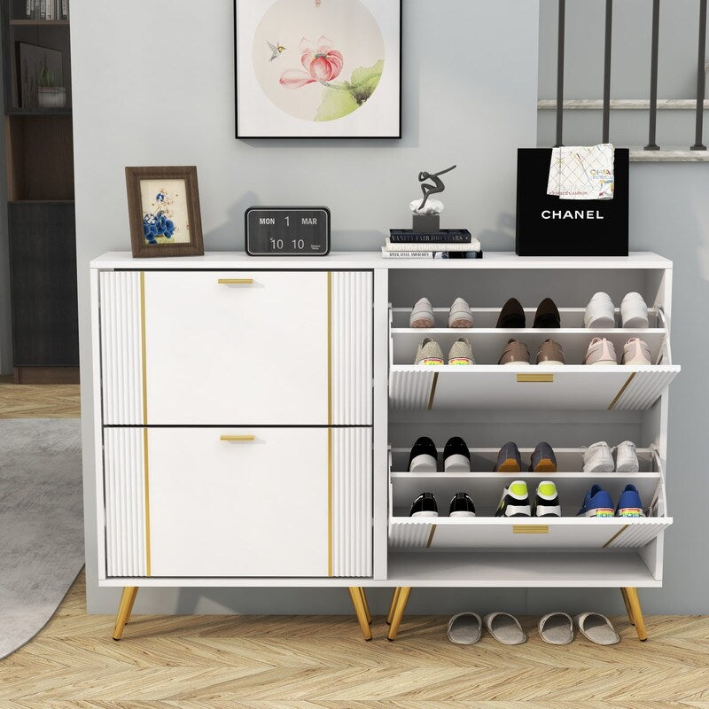 25"W flip over shoe cabinet with gold stripe,2drawers vertical Shoe Storage at the entrance