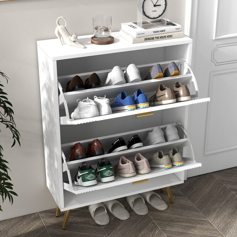25"W flip over shoe cabinet with gold stripe,2drawers vertical Shoe Storage at the entrance