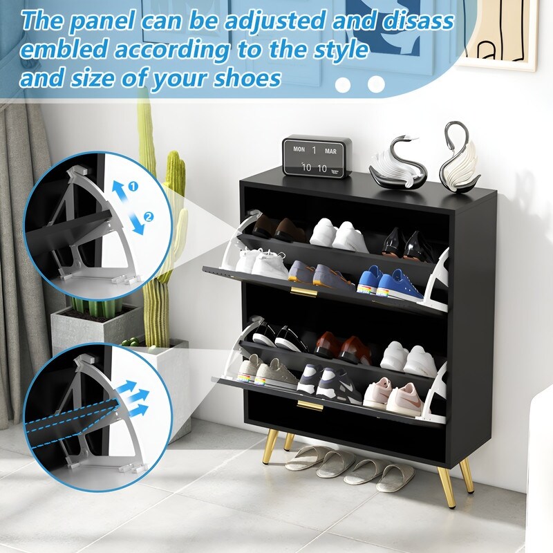 25"W flip over shoe cabinet with gold stripe,2drawers vertical Shoe Storage at the entrance