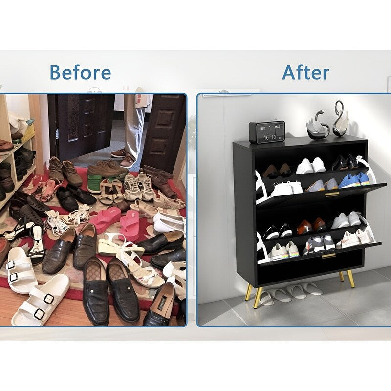 25"W flip over shoe cabinet with gold stripe,2drawers vertical Shoe Storage at the entrance
