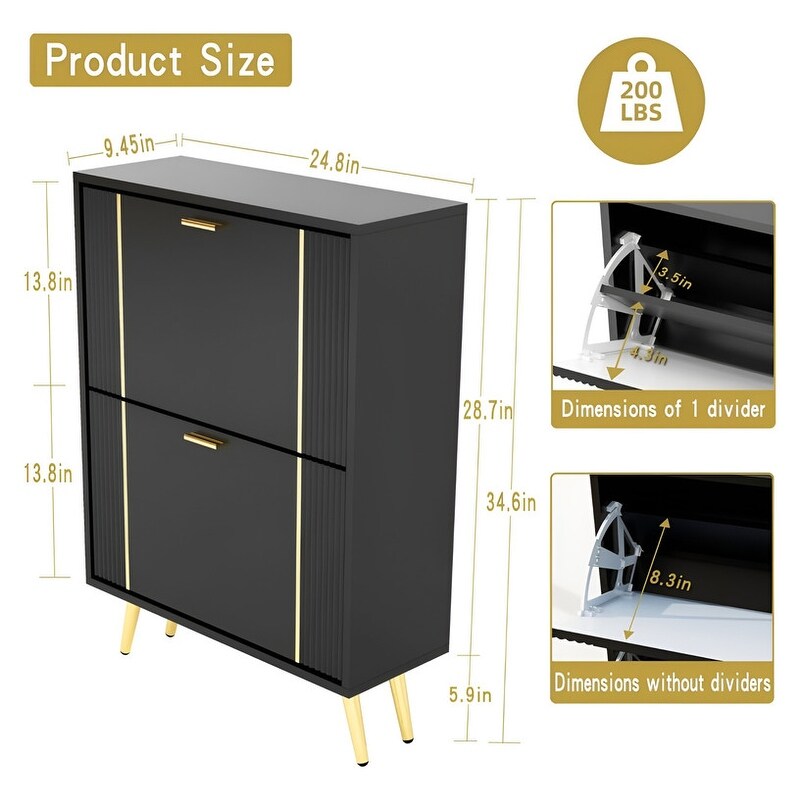 25"W flip over shoe cabinet with gold stripe,2drawers vertical Shoe Storage at the entrance