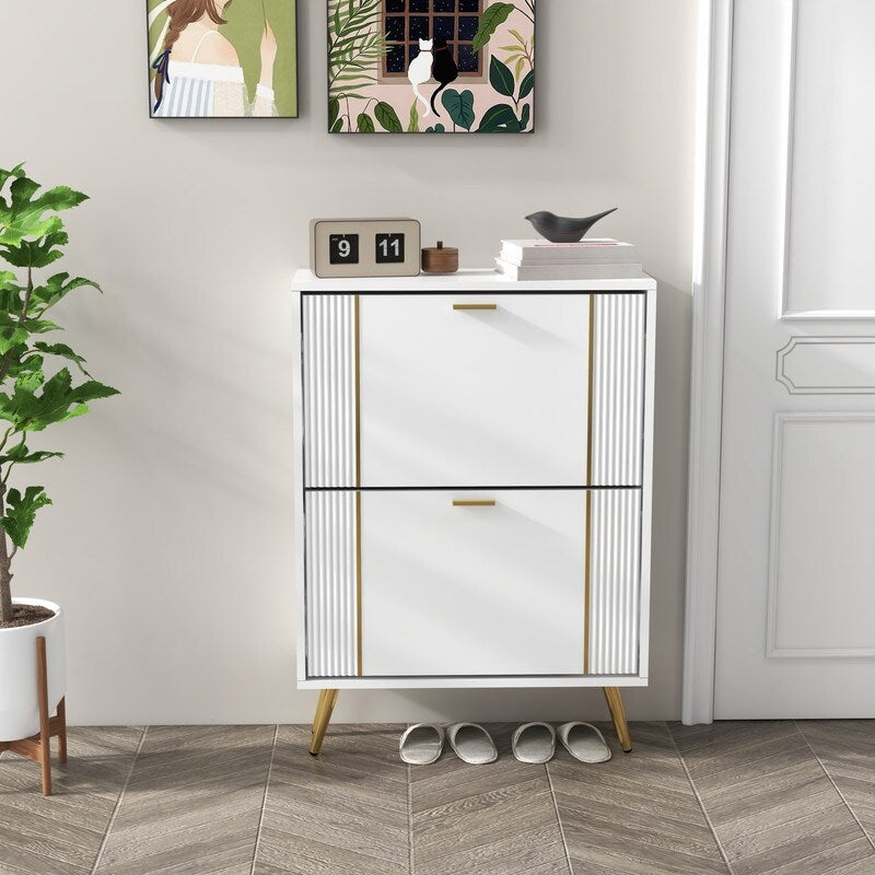 25"W flip over shoe cabinet with gold stripe,2drawers vertical Shoe Storage at the entrance