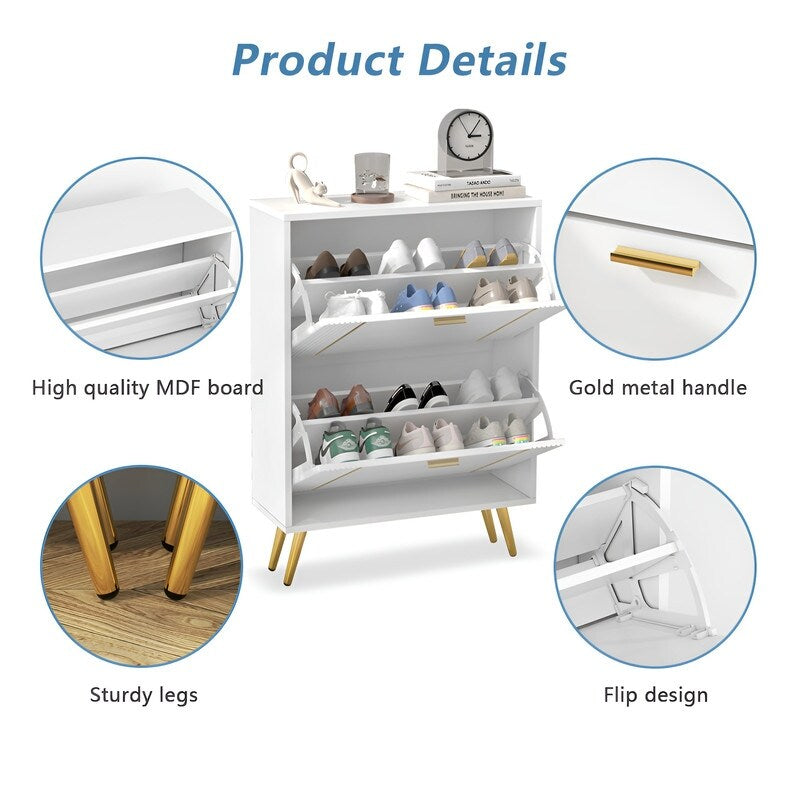 25"W flip over shoe cabinet with gold stripe,2drawers vertical Shoe Storage at the entrance