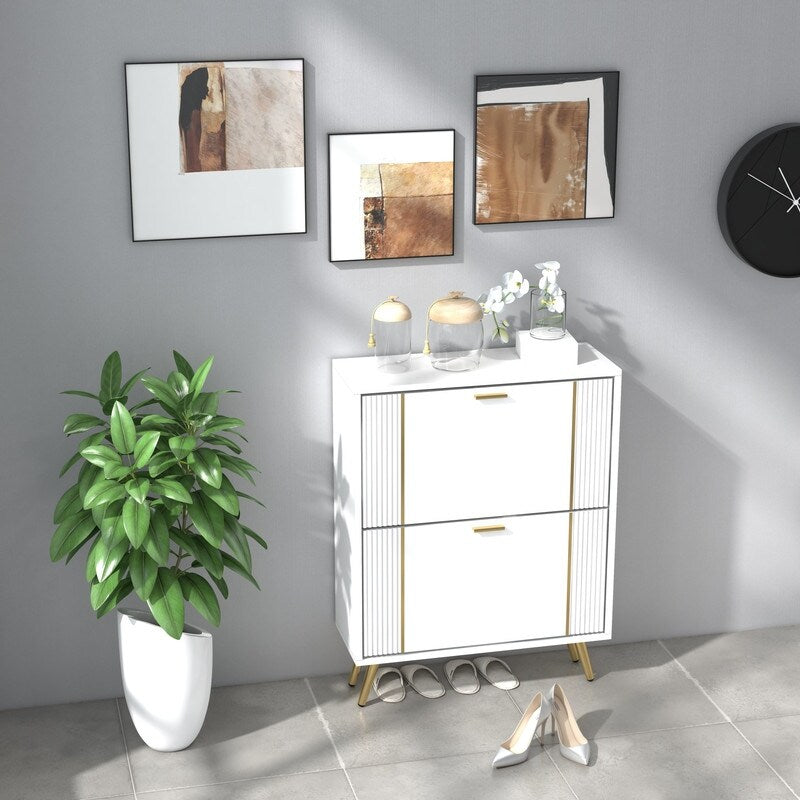 25"W flip over shoe cabinet with gold stripe,2drawers vertical Shoe Storage at the entrance