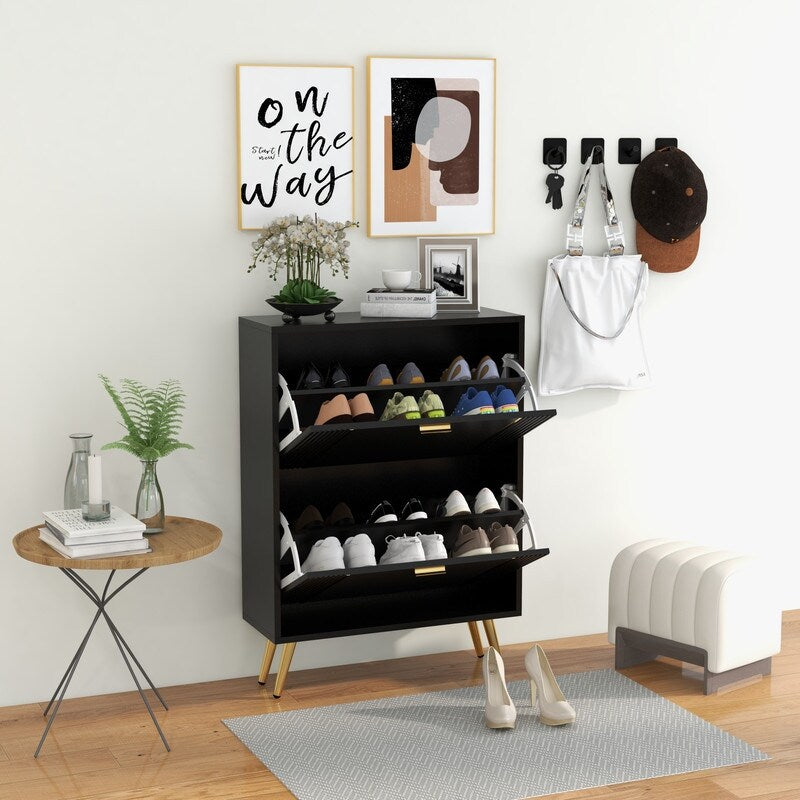 25"W flip over shoe cabinet with gold stripe,2drawers vertical Shoe Storage at the entrance