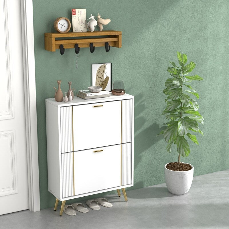 25"W flip over shoe cabinet with gold stripe,2drawers vertical Shoe Storage at the entrance
