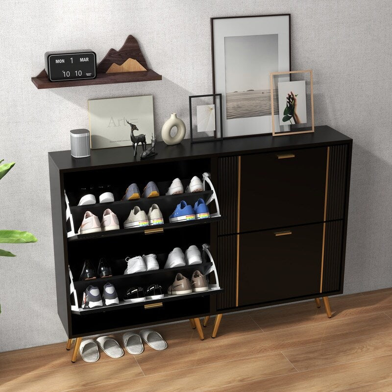 25"W flip over shoe cabinet with gold stripe,2drawers vertical Shoe Storage at the entrance