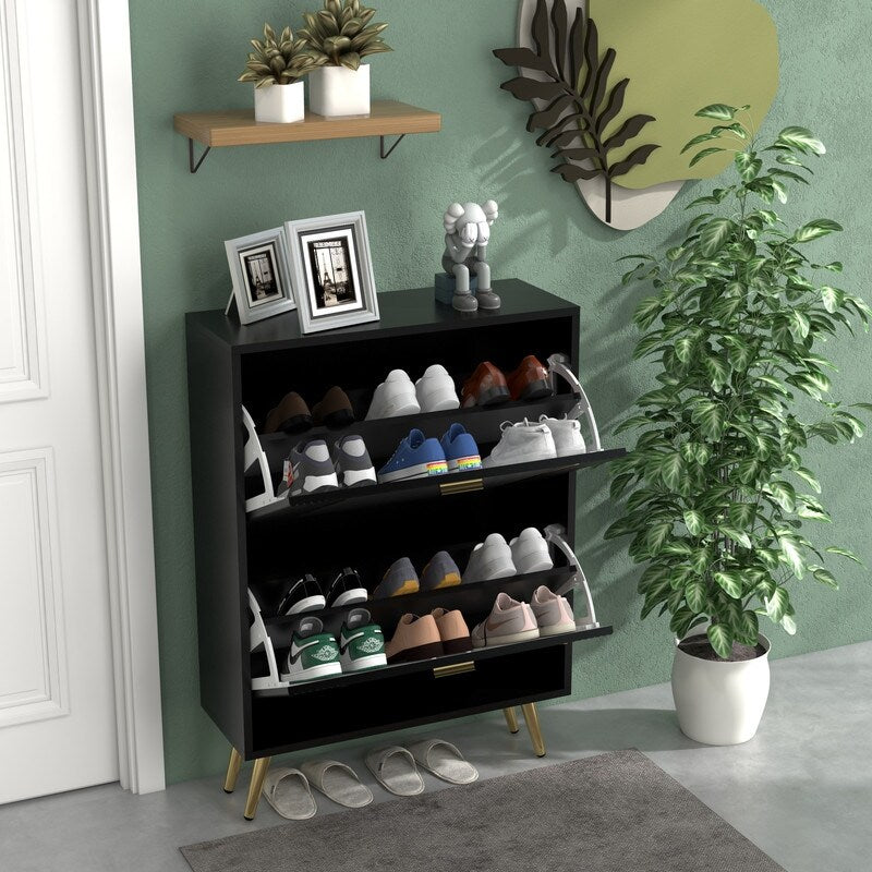 25"W flip over shoe cabinet with gold stripe,2drawers vertical Shoe Storage at the entrance