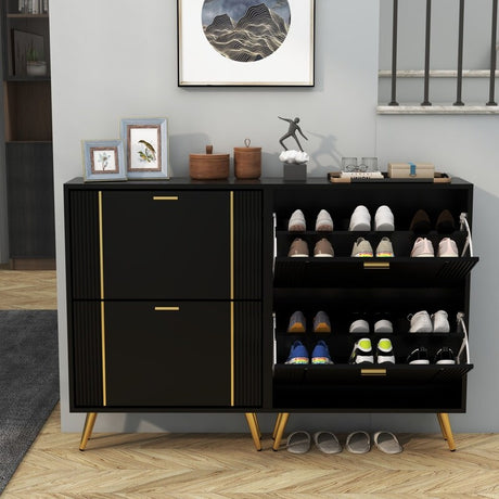 25"W flip over shoe cabinet with gold stripe,2drawers vertical Shoe Storage at the entrance
