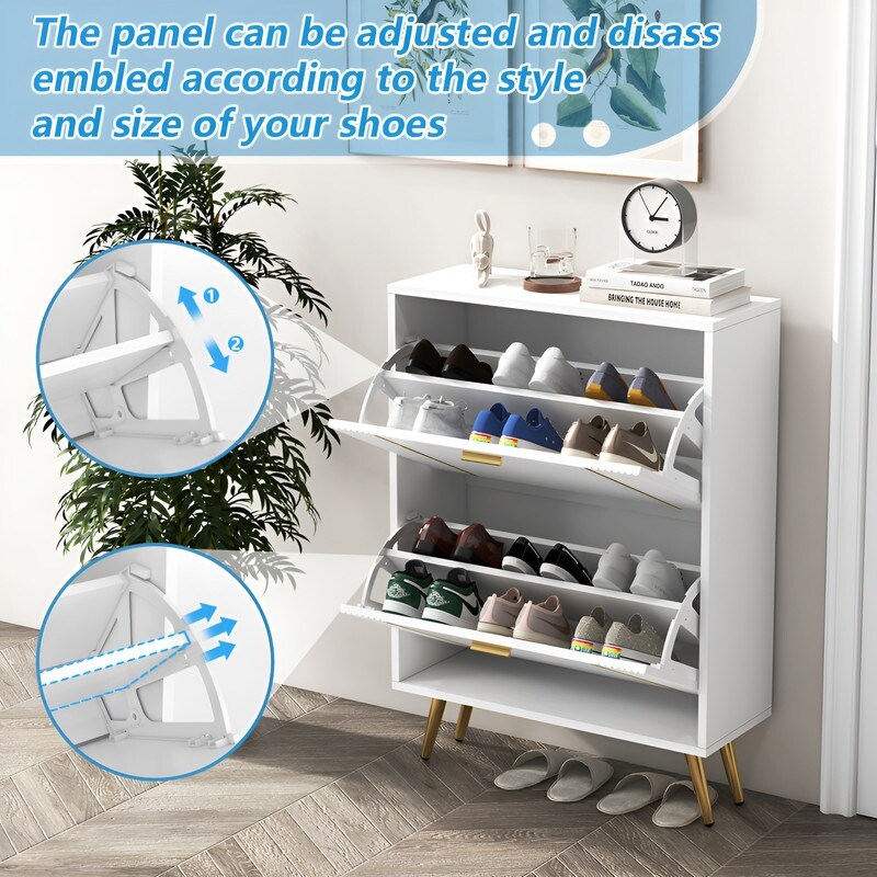 25"W flip over shoe cabinet with gold stripe,2drawers vertical Shoe Storage at the entrance