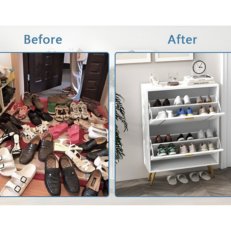 25"W flip over shoe cabinet with gold stripe,2drawers vertical Shoe Storage at the entrance