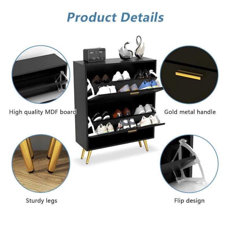 25"W flip over shoe cabinet with gold stripe,2drawers vertical Shoe Storage at the entrance