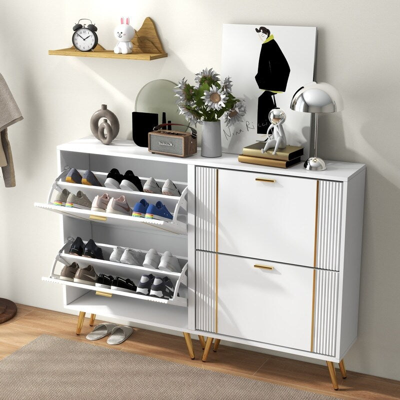 25"W flip over shoe cabinet with gold stripe,2drawers vertical Shoe Storage at the entrance