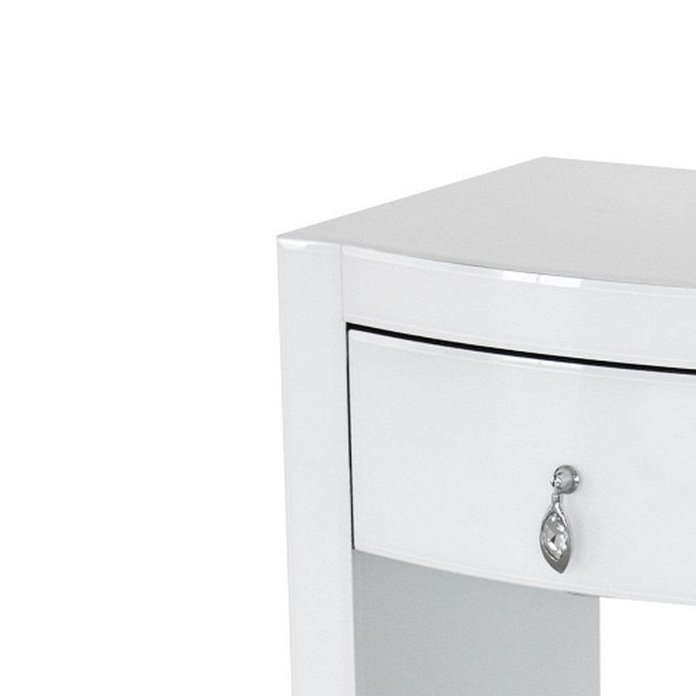 26 Inch Curved Wood and Glass Chest with 1 Drawer, White