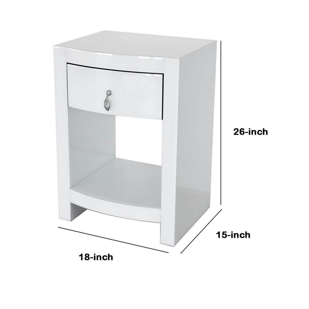 26 Inch Curved Wood and Glass Chest with 1 Drawer, White
