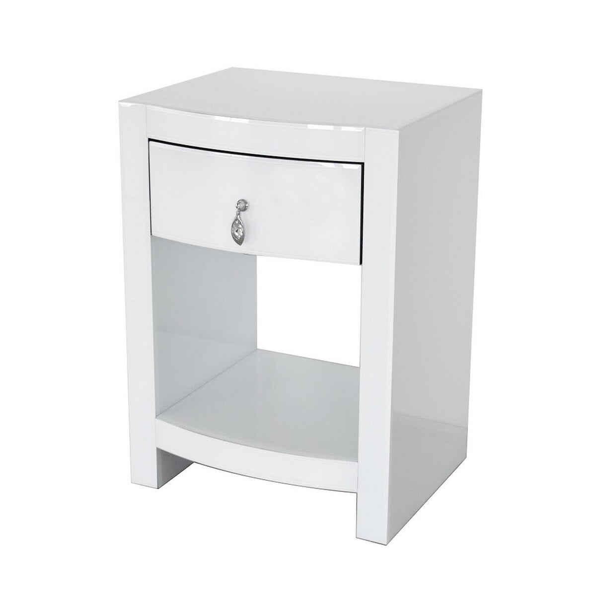 26 Inch Curved Wood and Glass Chest with 1 Drawer, White