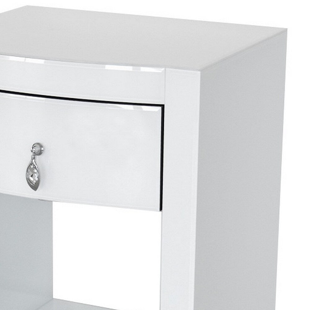 26 Inch Curved Wood and Glass Chest with 1 Drawer, White