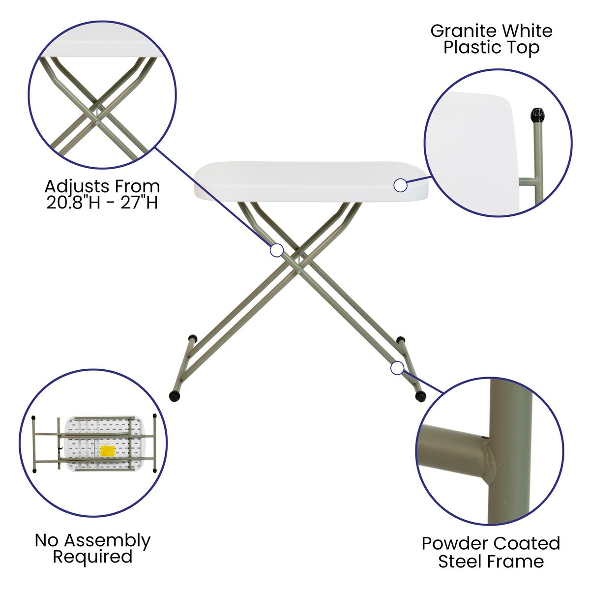 26 Inch Indoor/Outdoor Plastic Folding Table, Adjustable Height Commercial Grade Side Table, Laptop Table TV Tray