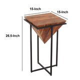 Ida 26 Inch Pyramid Shape Acacia Wood Side Table With Cross Iron Base, Brown and Black