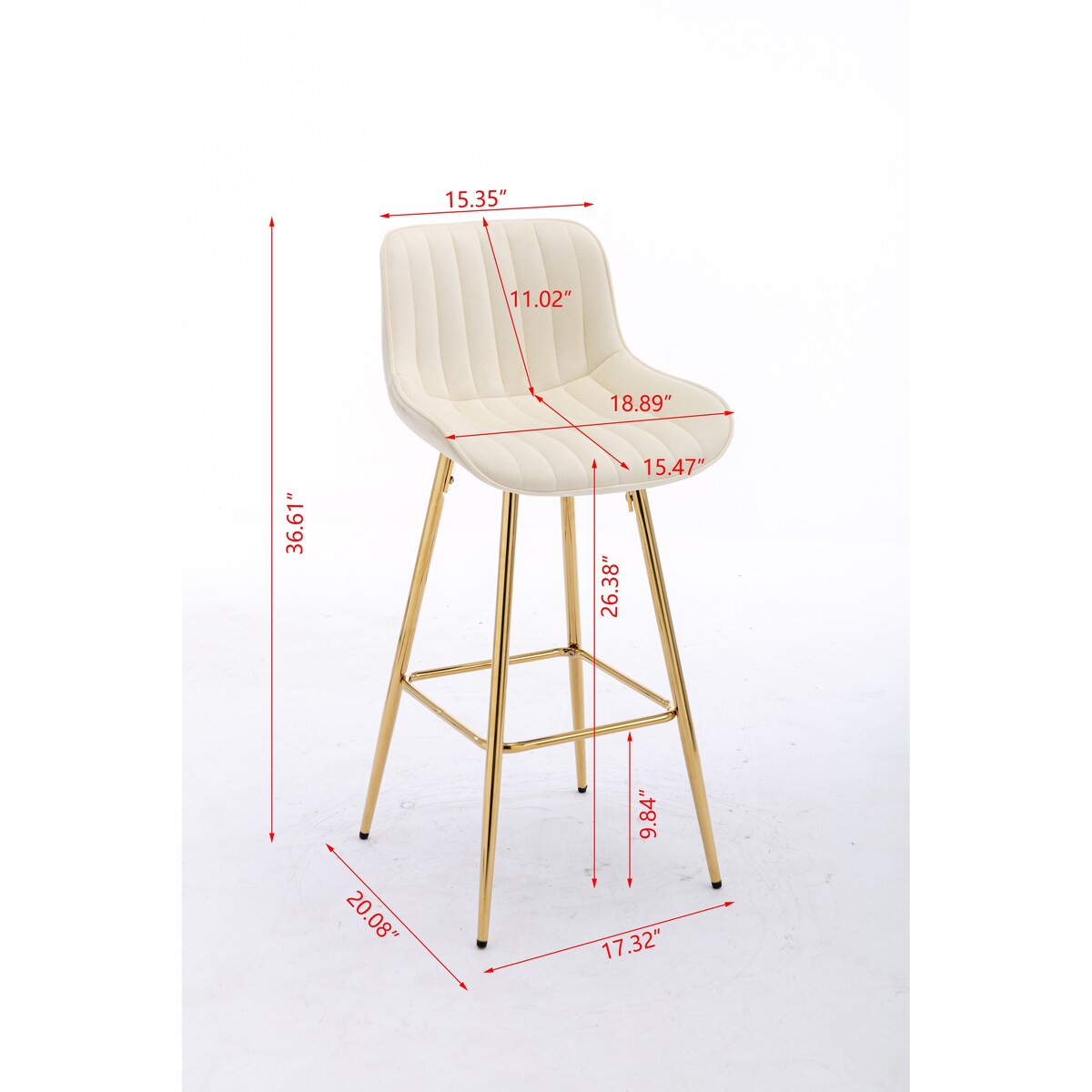 26 Inch Set of 2 Bar Stools,with Chrome Footrest Velvet Fabric Counter Stool Golden Leg Simple Bar Stool,CREAM