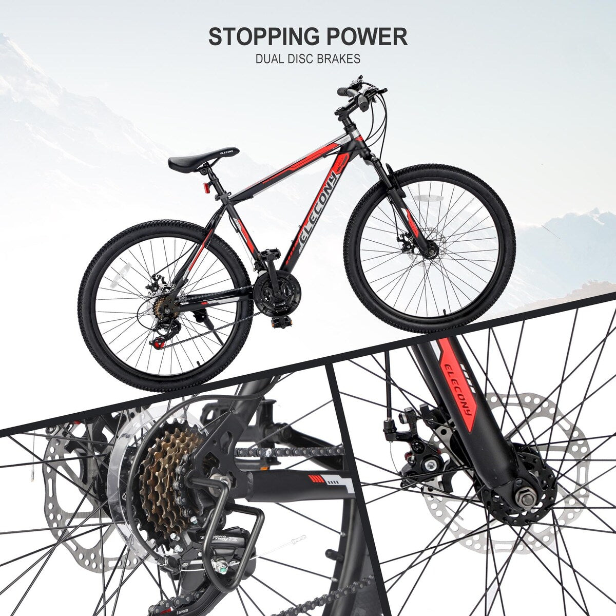 26 in. Mountain Bike, Shimano 21 Speeds with Mechanical Disc Brakes for Adults and Teenagers, Black Red