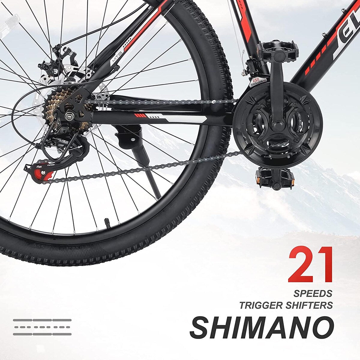 26 in. Mountain Bike, Shimano 21 Speeds with Mechanical Disc Brakes for Adults and Teenagers, Black Red
