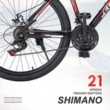 26 in. Mountain Bike, Shimano 21 Speeds with Mechanical Disc Brakes for Adults and Teenagers, Black Red