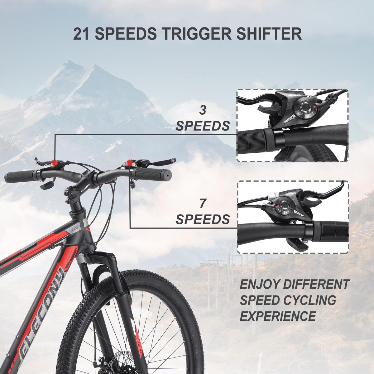 26 in. Mountain Bike, Shimano 21 Speeds with Mechanical Disc Brakes for Adults and Teenagers, Black Red
