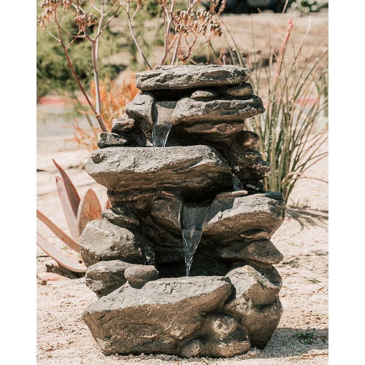 26.4"H Classic Stacked Rock Waterfall Fountain with LED lights and Pump, Multilevel Water Feature for Indoor & Outdoor Décor