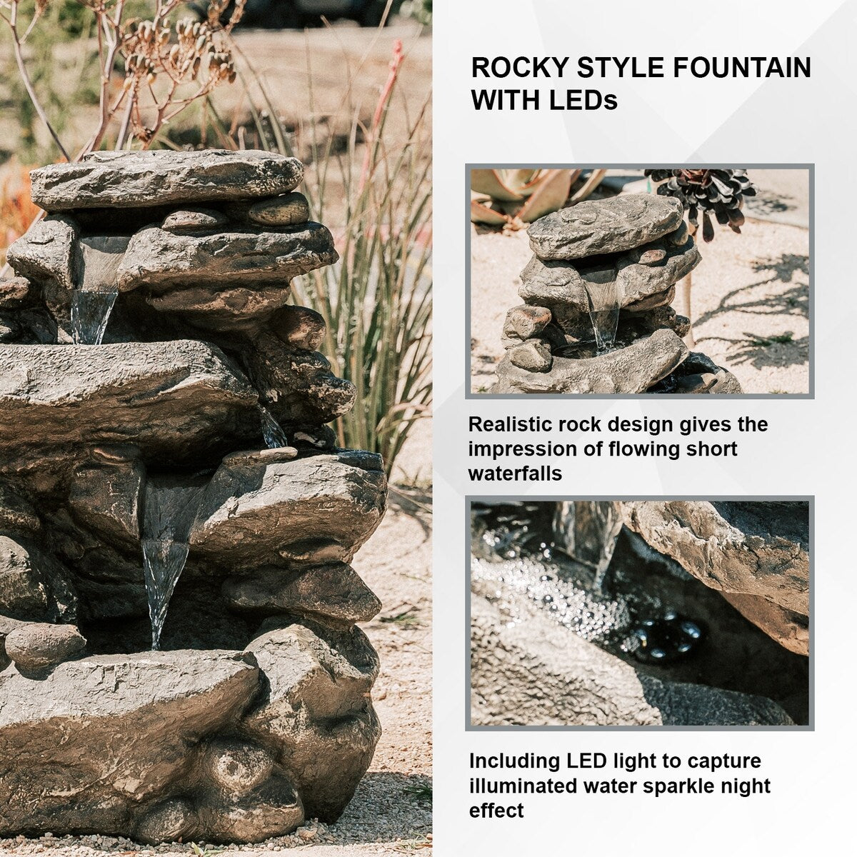 26.4"H Classic Stacked Rock Waterfall Fountain with LED lights and Pump, Multilevel Water Feature for Indoor & Outdoor Décor