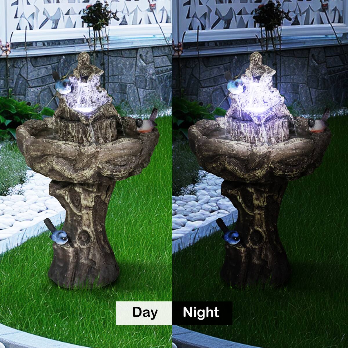 26.7in Tall Outdoor Concrete Bird Bath Fountain w/LED Light for Garden