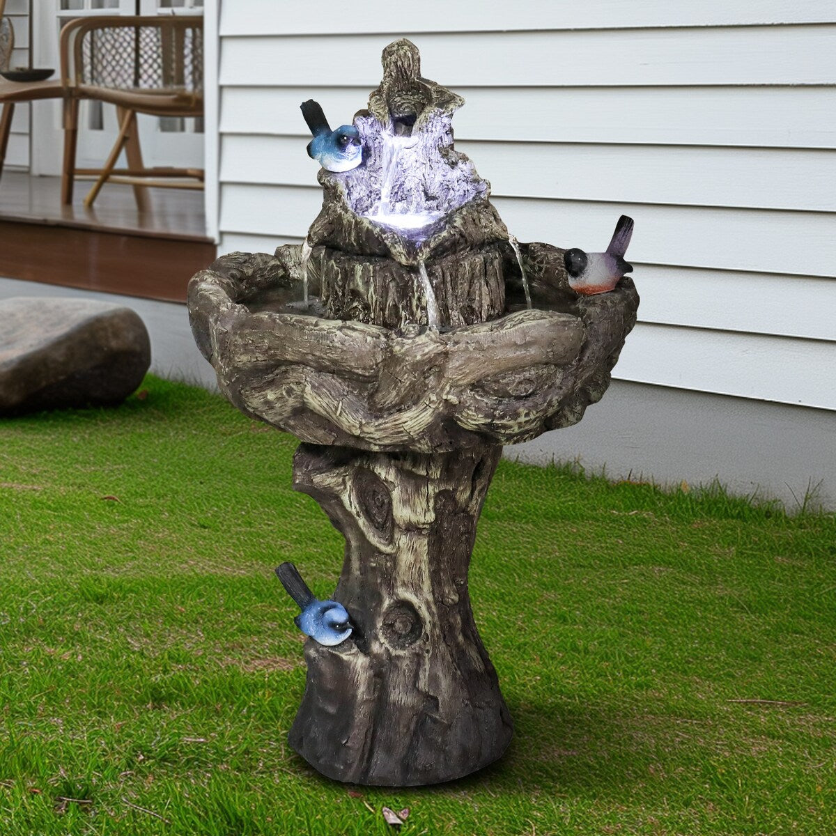 26.7in Tall Outdoor Concrete Bird Bath Fountain w/LED Light for Garden