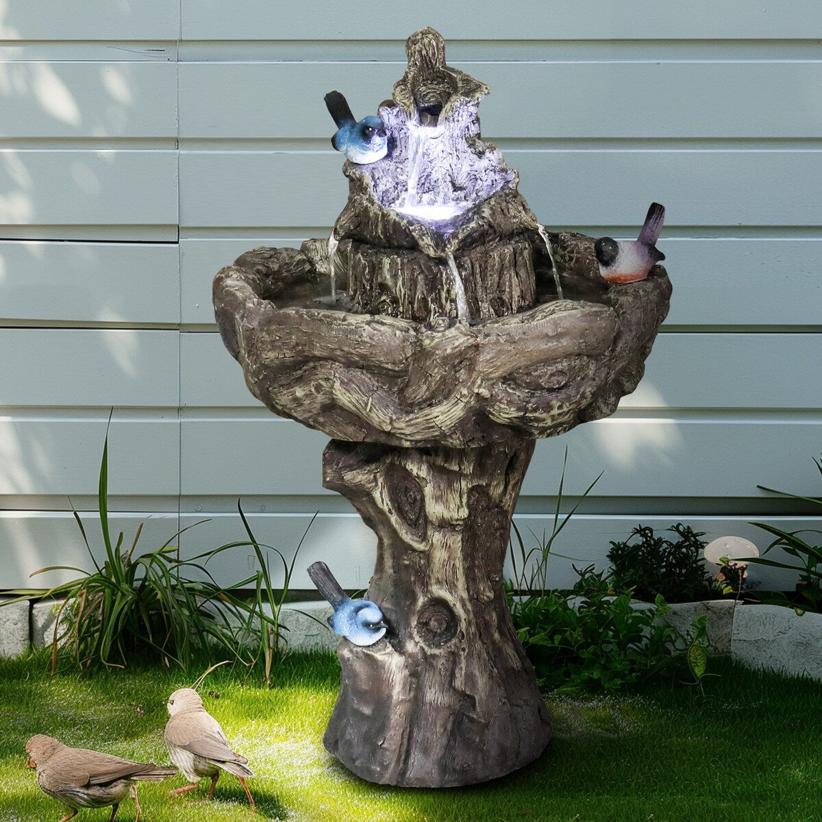 26.7in Tall Outdoor Concrete Bird Bath Fountain w/LED Light for Garden