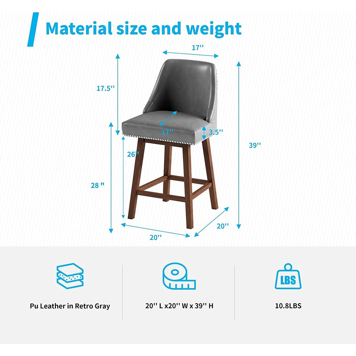 Mixoy 360° Swivel Counter Height Bar Stool,Counter Height Chair with Leather Padded Seat,Upholstered Chairs for Restaurant