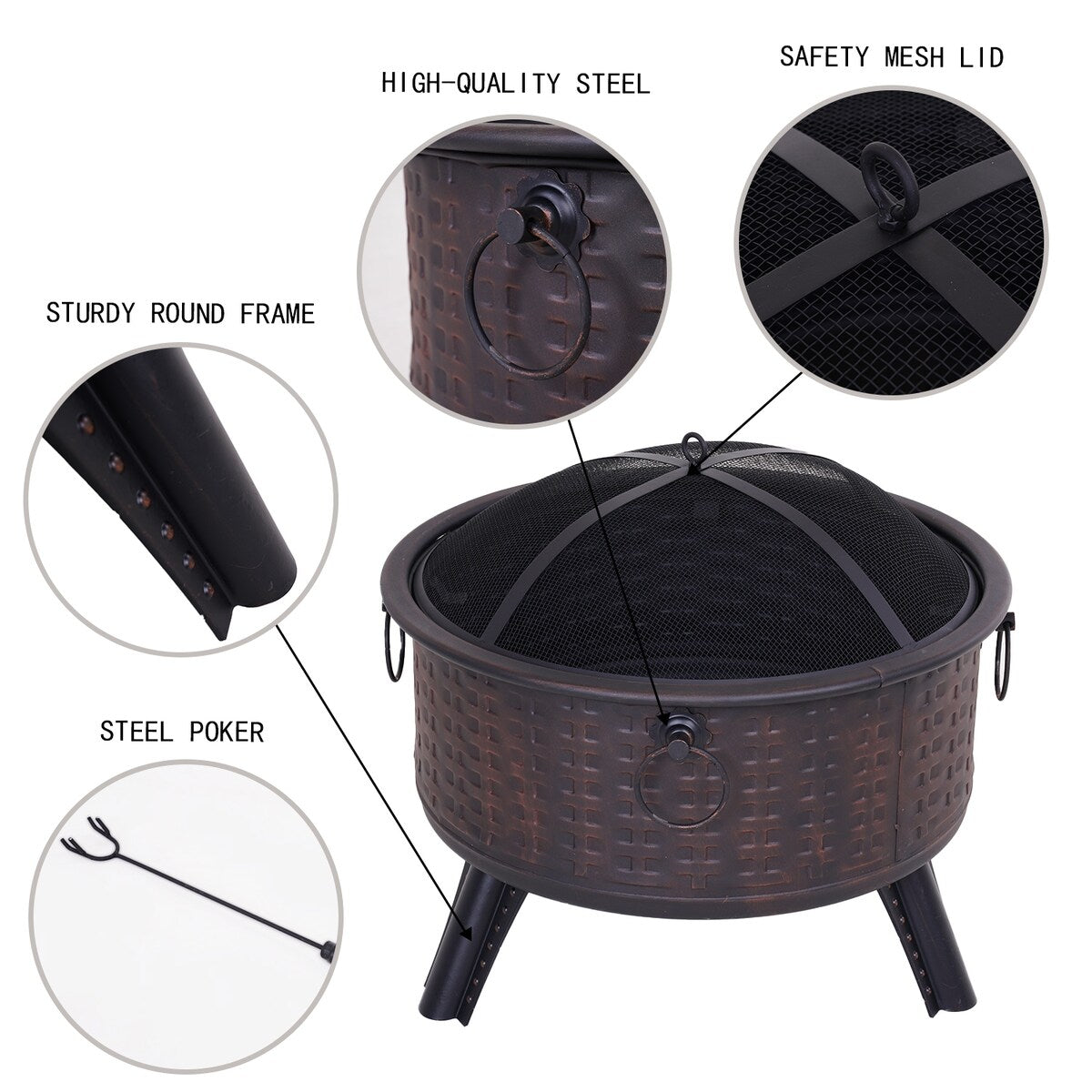 26" Fire Pits for Outside Wood Burning Firepit with Fire Pit Poker and Cover for Backyard,Garden,Camping - 26"D x 26"W x 23"H
