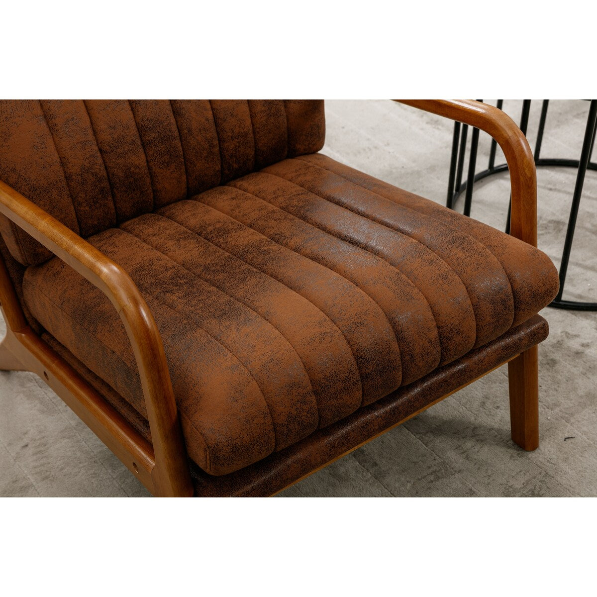 26" W Microsuede Upholstered Armchair with Curved Edges Design, Accent Chair with Vertical Tufted Cushion and Rubber Wood Frame