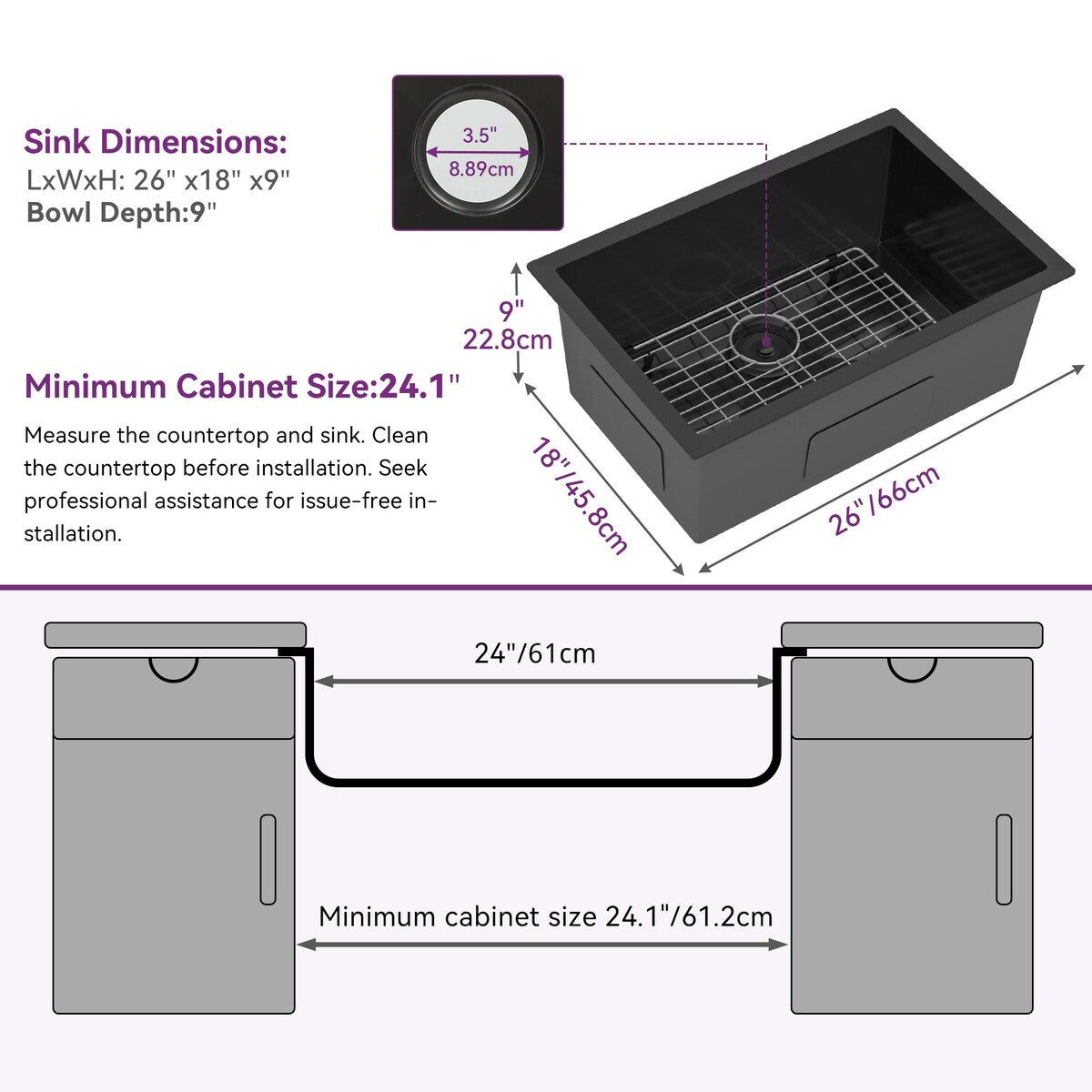 26'' Stainless Steel Single Bowl Black Kitchen Undermount Sink