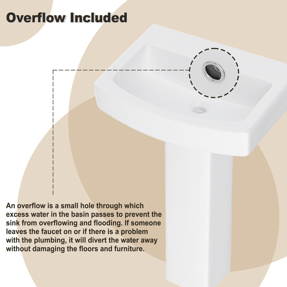 26'' Tall Pedestal Bathroom Sink with Overflow