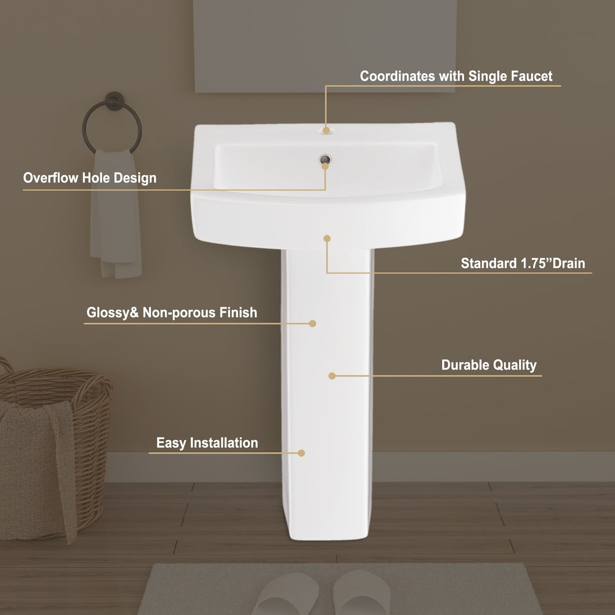 26'' Tall Pedestal Bathroom Sink with Overflow
