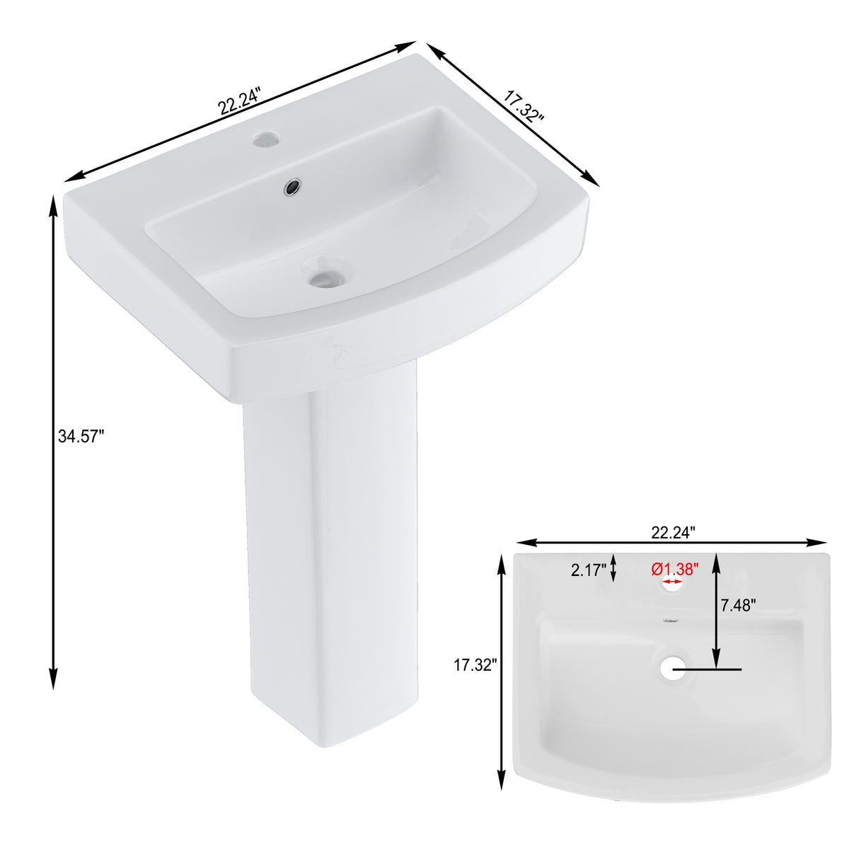 26'' Tall Pedestal Bathroom Sink with Overflow