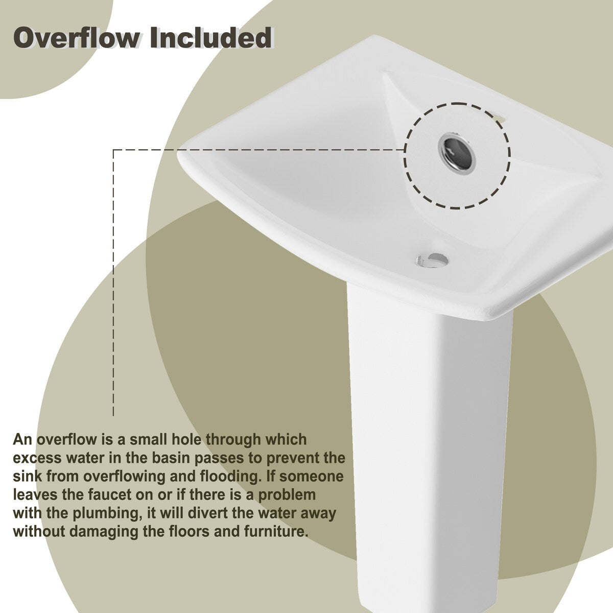 26'' Tall White Ceramic Rectangular Pedestal Bathroom Sink with Overflow