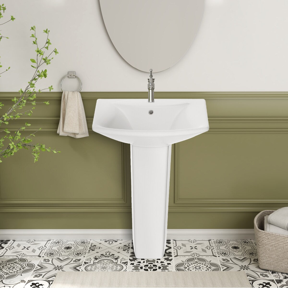 26'' Tall White Ceramic Rectangular Pedestal Bathroom Sink with Overflow
