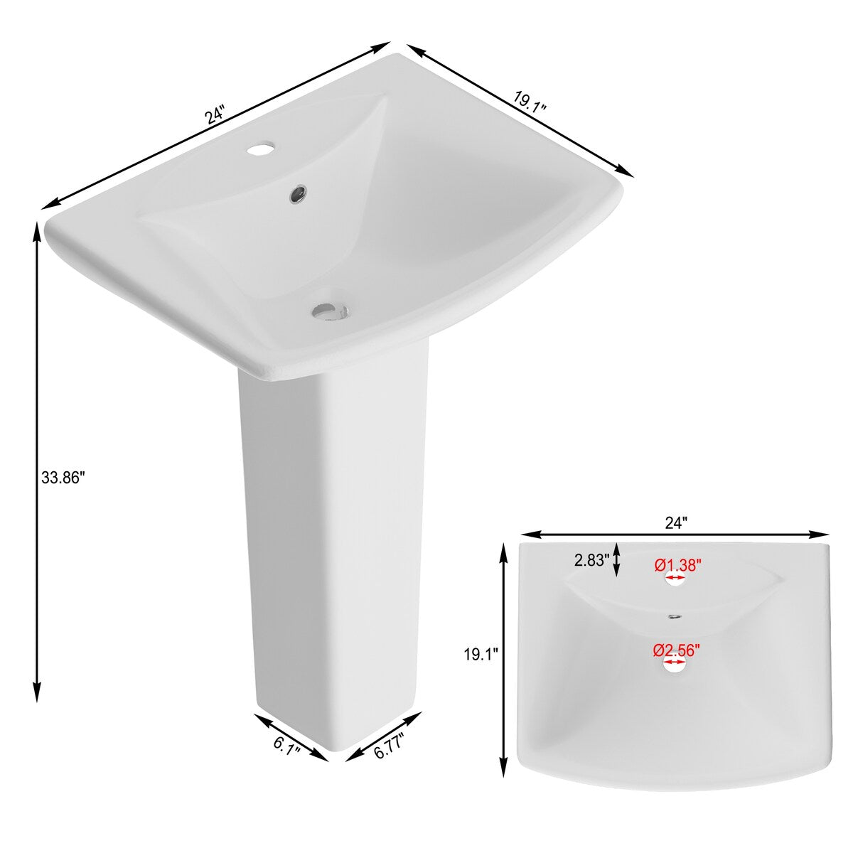 26'' Tall White Ceramic Rectangular Pedestal Bathroom Sink with Overflow